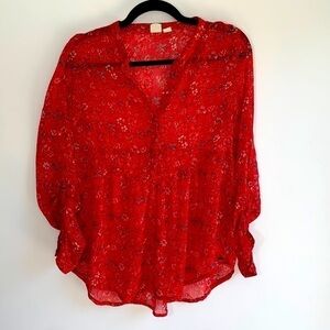 ROXY | Red Floral Sheer Long Sleeve Blouse Size XS